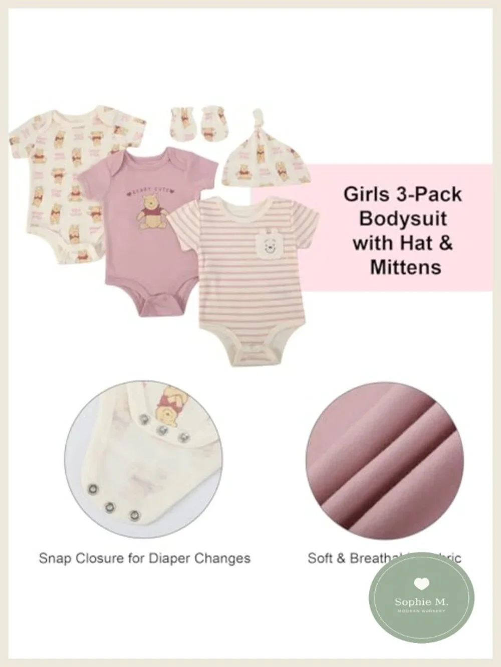 3-Pack Baby Girls Bodysuit Set with Hat and Mittens - Soft Cotton Disney Outfits